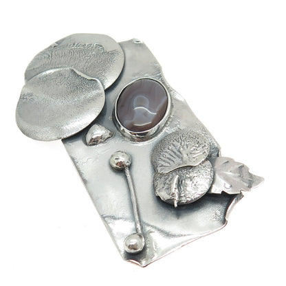 925 Sterling Silver Vintage Real Picture Agate Gemstone Modernist Pin Brooch
