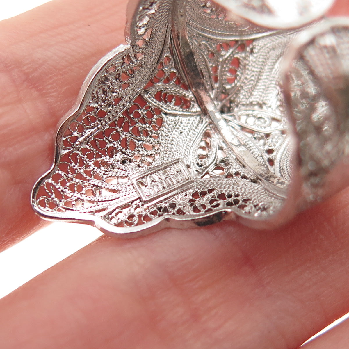Van Lou Sterling Silver Antique Art Deco Floral Filigree Adjustable Ring Size 8