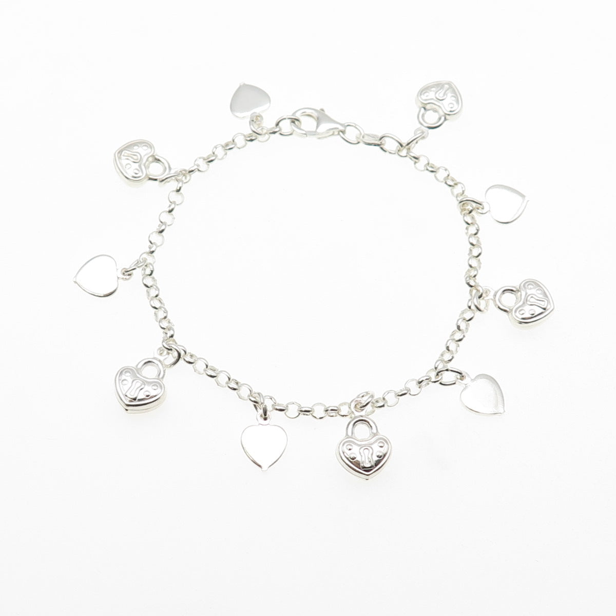 925 Sterling Silver Vintage Italy Heart Lock Dangle Charm Bracelet 6.75"