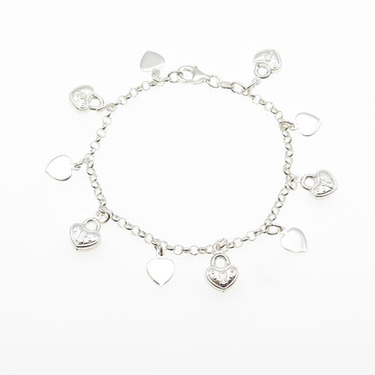 925 Sterling Silver Vintage Italy Heart Lock Dangle Charm Bracelet 6.75"