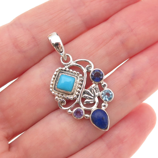 925 Sterling Silver Vintage Real Turquoise Lapis Iolite Topaz & Amethyst Pendant
