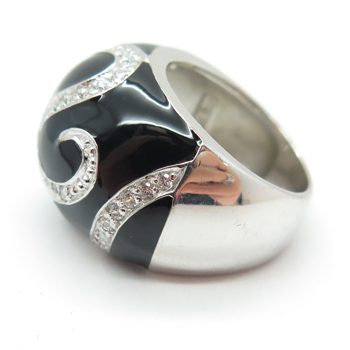 925 Sterling Silver Round-Cut Shaped C Z & Black Enamel Swirl Dome Ring Size 6