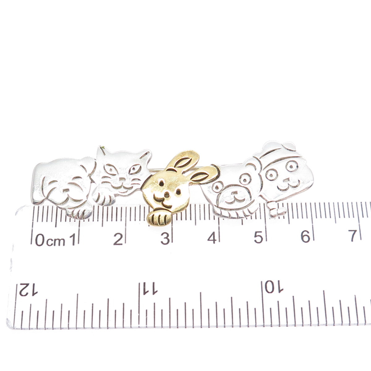 925 Sterling Silver 2-Tone Vintage Mexico Cat Dog Bear Rabbit Cartoon Pin Brooch