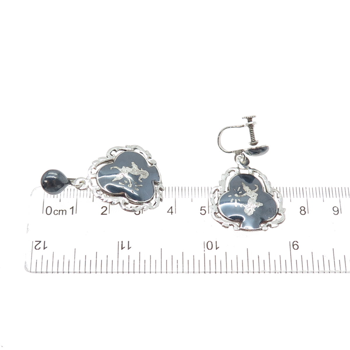 925 Sterling Silver Antique Siam Niello Hindu Goddess Screw Back Dangle Earrings
