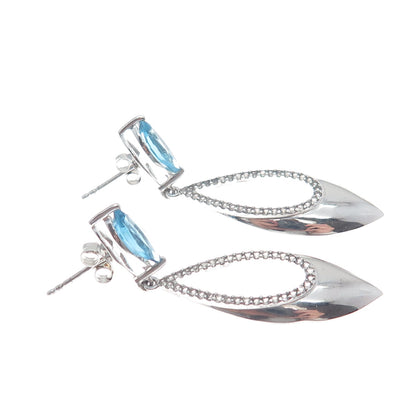 925 Sterling Silver Real Marquise-Cut Blue Round-Cut White Topaz Dangle Earrings