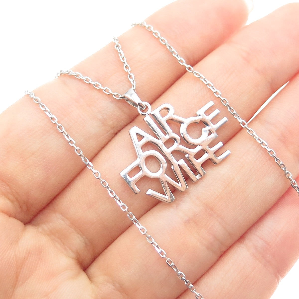 925 Sterling Silver Air Force Wife Pendant Cable Chain Necklace 18"