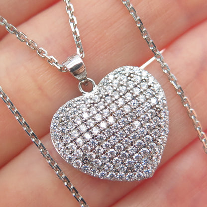 925 Sterling Silver Round-Cut C Z Heart Cable Chain Necklace 18"