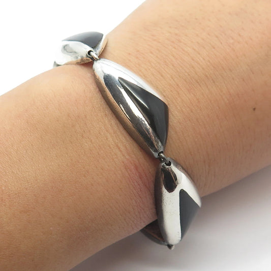 970 Silver Vintage MexicoJ. Gomes Black Onyx Gem Link Bracelet 6.75"