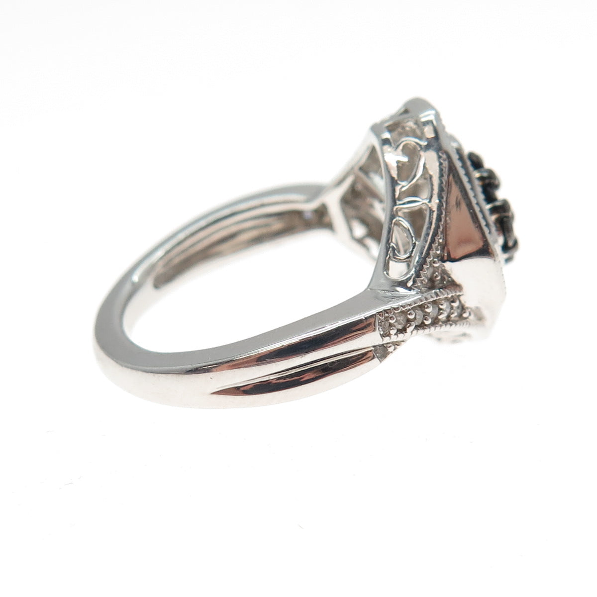 SUN 925 Sterling Silver Real Round-Cut Black & White Diamond Ring Size 6.25