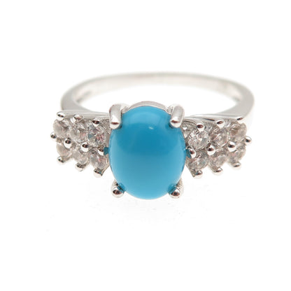 925 Sterling Silver Real Sleeping Beauty Turquoise & White Topaz Ring Size 8