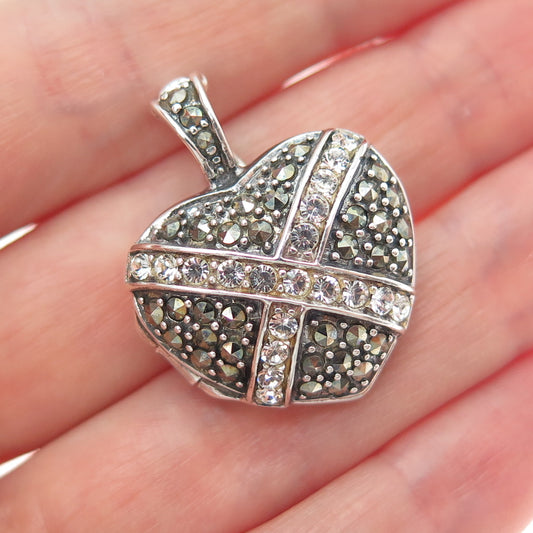 925 Sterling Silver Vintage Real Marcasite Rhinestone Heart Locket Charm Pendant