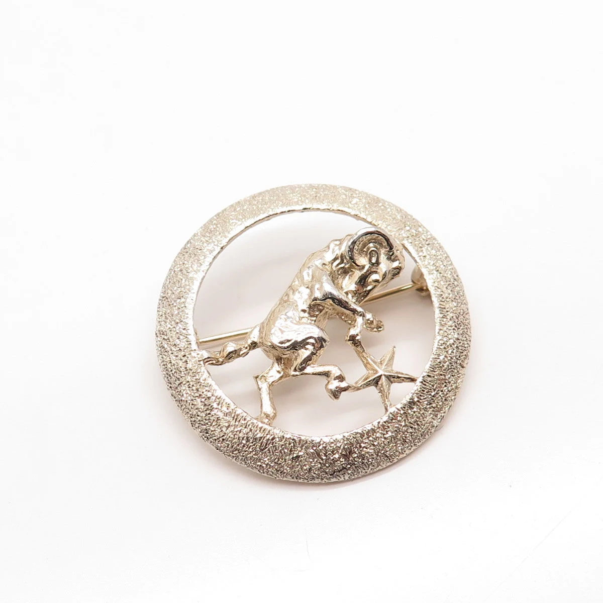 925 Sterling Silver Gold Plated Vintage D'OR Aries Zodiac Sign Round Pin Brooch