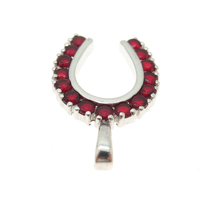 925 Sterling Silver Vintage Red C Z Horseshoe For Good Luck Pendant