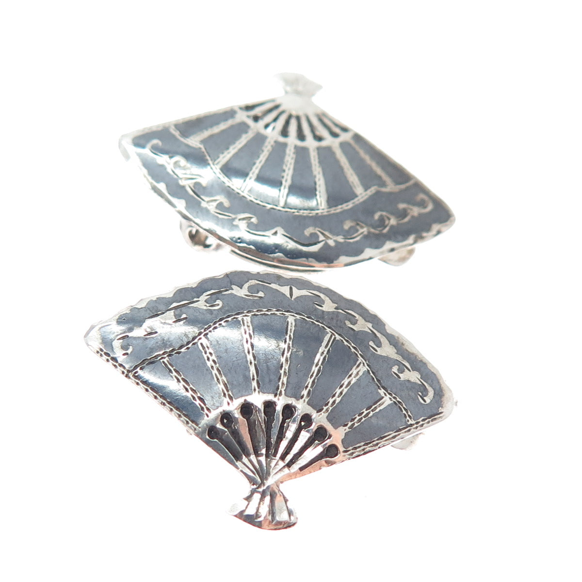 925 Sterling Silver Antique Siam Niello Fan Clip On Earrings