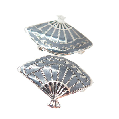 925 Sterling Silver Antique Siam Niello Fan Clip On Earrings