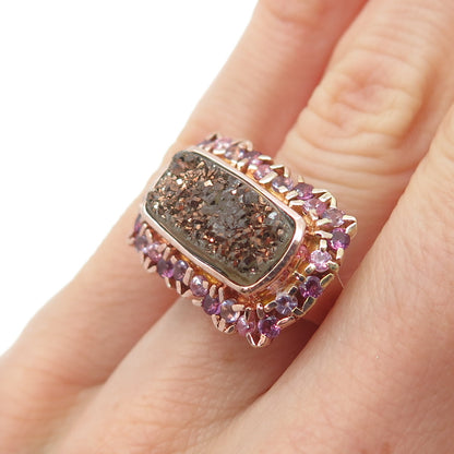 925 Sterling Silver Rose Gold Plated Druzy Pink Topaz & Amethyst Ring Size 5