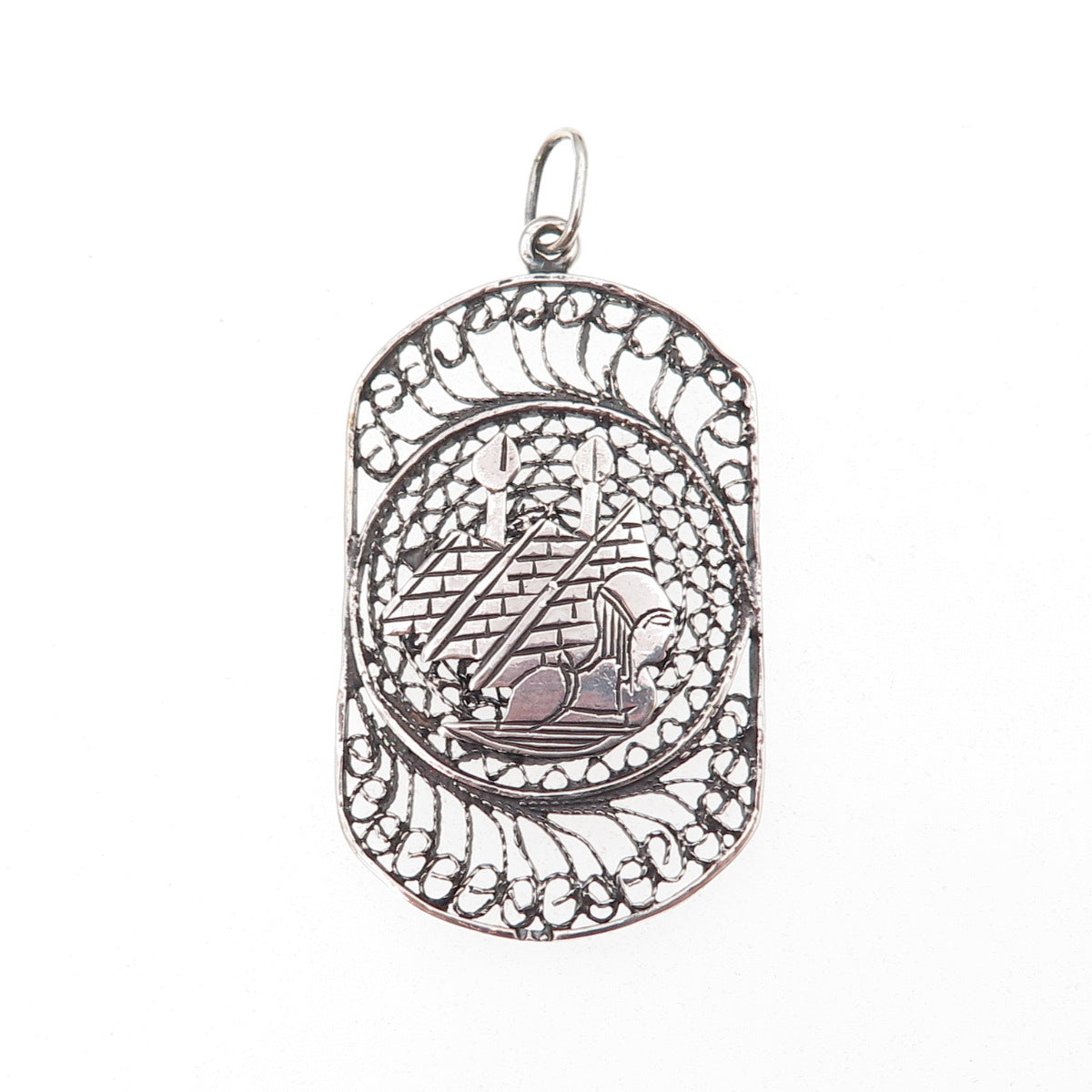 925 Sterling Silver Vintage Egyptian Pharaoh & Pyramid Filigree Oxidized Pendant