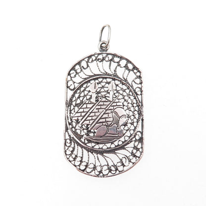 925 Sterling Silver Vintage Egyptian Pharaoh & Pyramid Filigree Oxidized Pendant