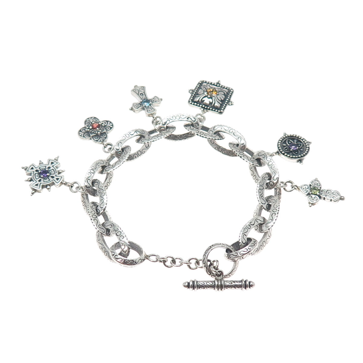 SAMUEL BENHAM BJC Sterling Silver Vintage Real Multi-Gem Cross Bracelet 6.75"