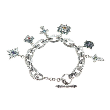 SAMUEL BENHAM BJC Sterling Silver Vintage Real Multi-Gem Cross Bracelet 6.75"