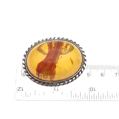 925 Sterling Silver Vintage Real Cabochon Amber Oxidized Pin Brooch