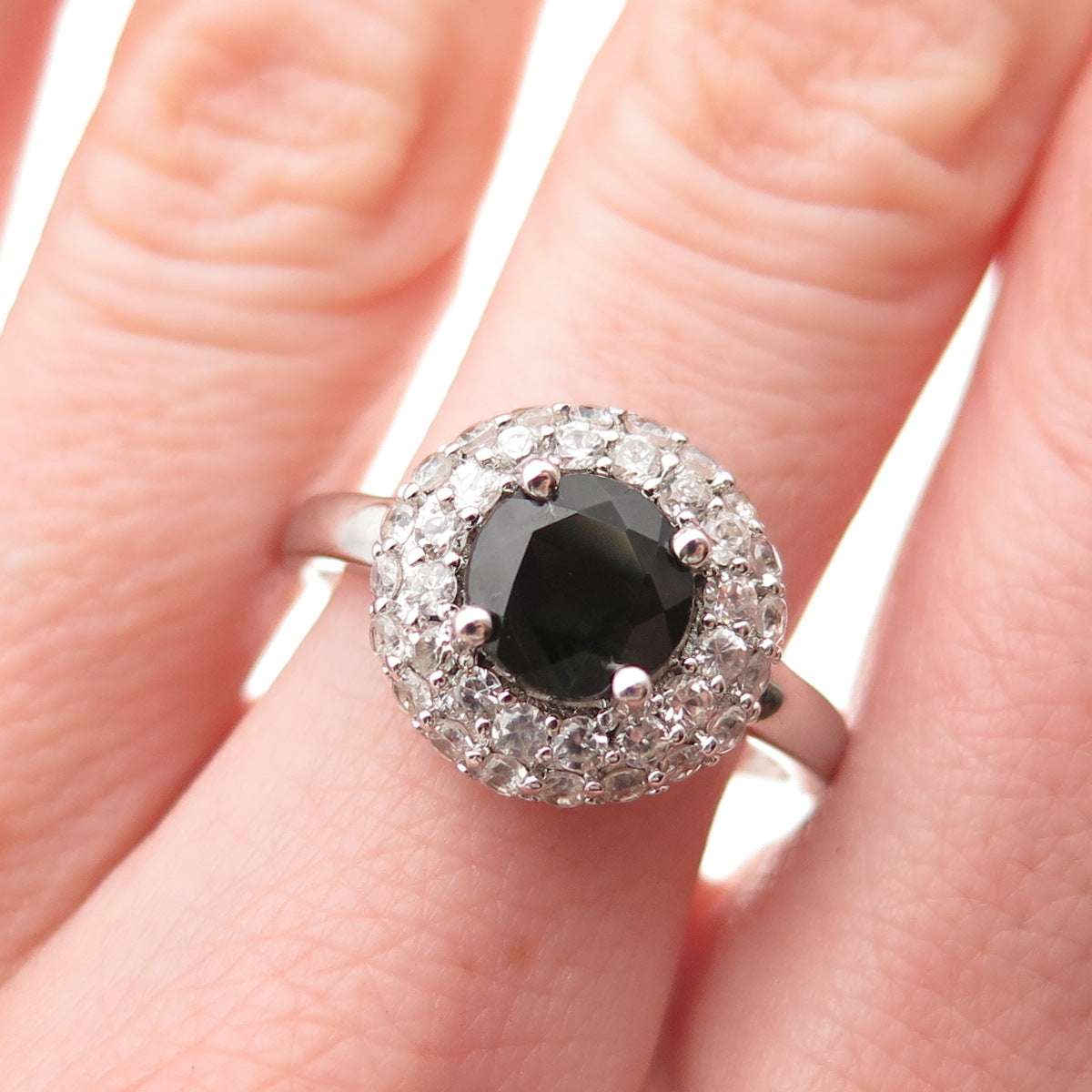 925 Sterling Silver Real Green Tourmaline & White Topaz Ring Size 9.25