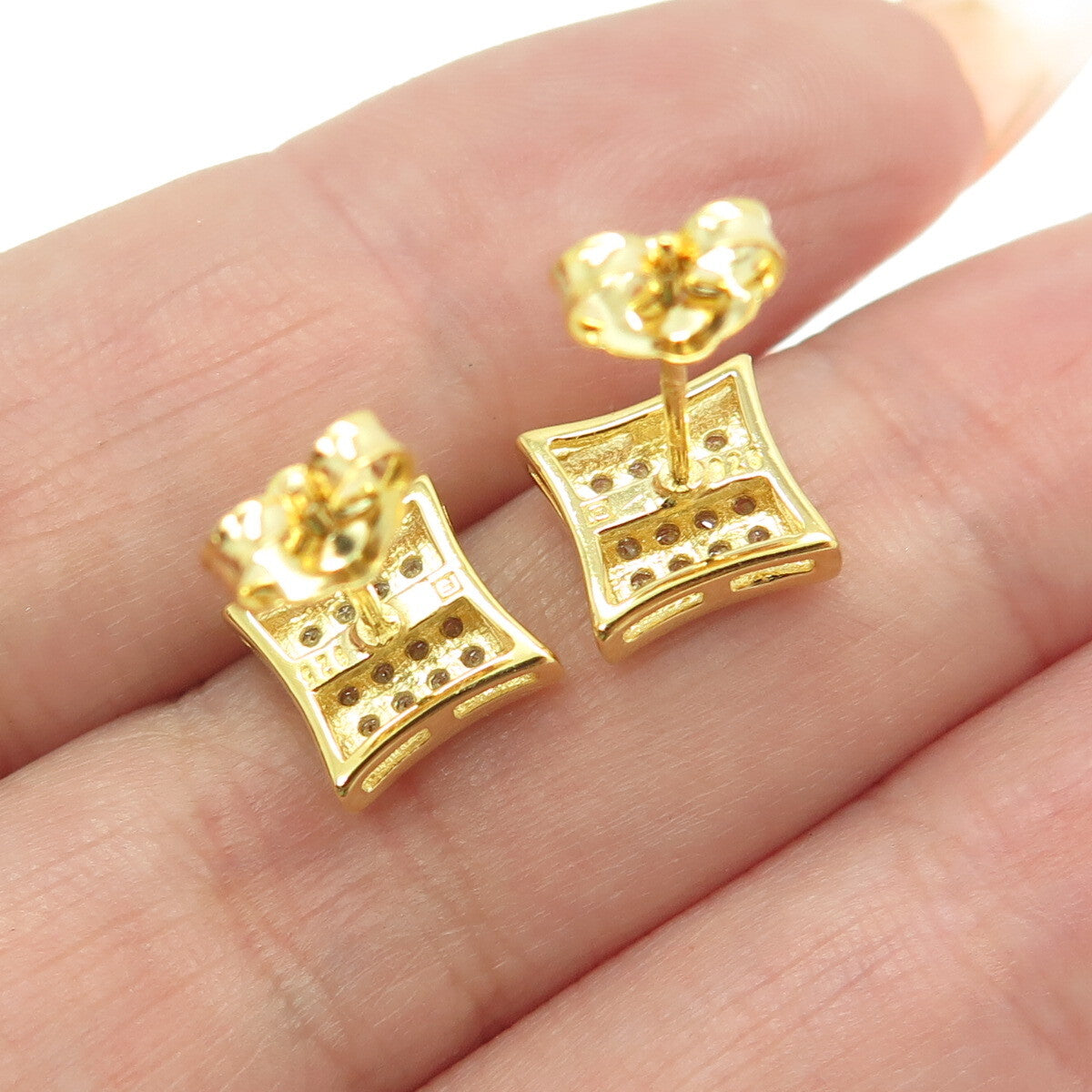 925 Sterling Silver Gold Plated Round-Cut C Z Princess Square Earrings