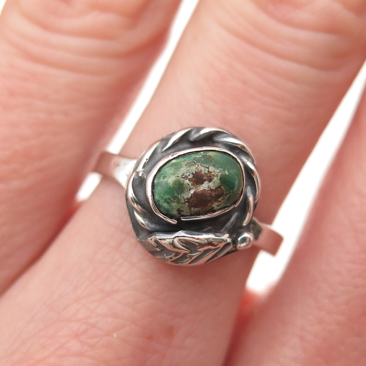 Old Pawn Sterling Silver Vintage Royston Turquoise Feather Tribal Ring Size 6.5