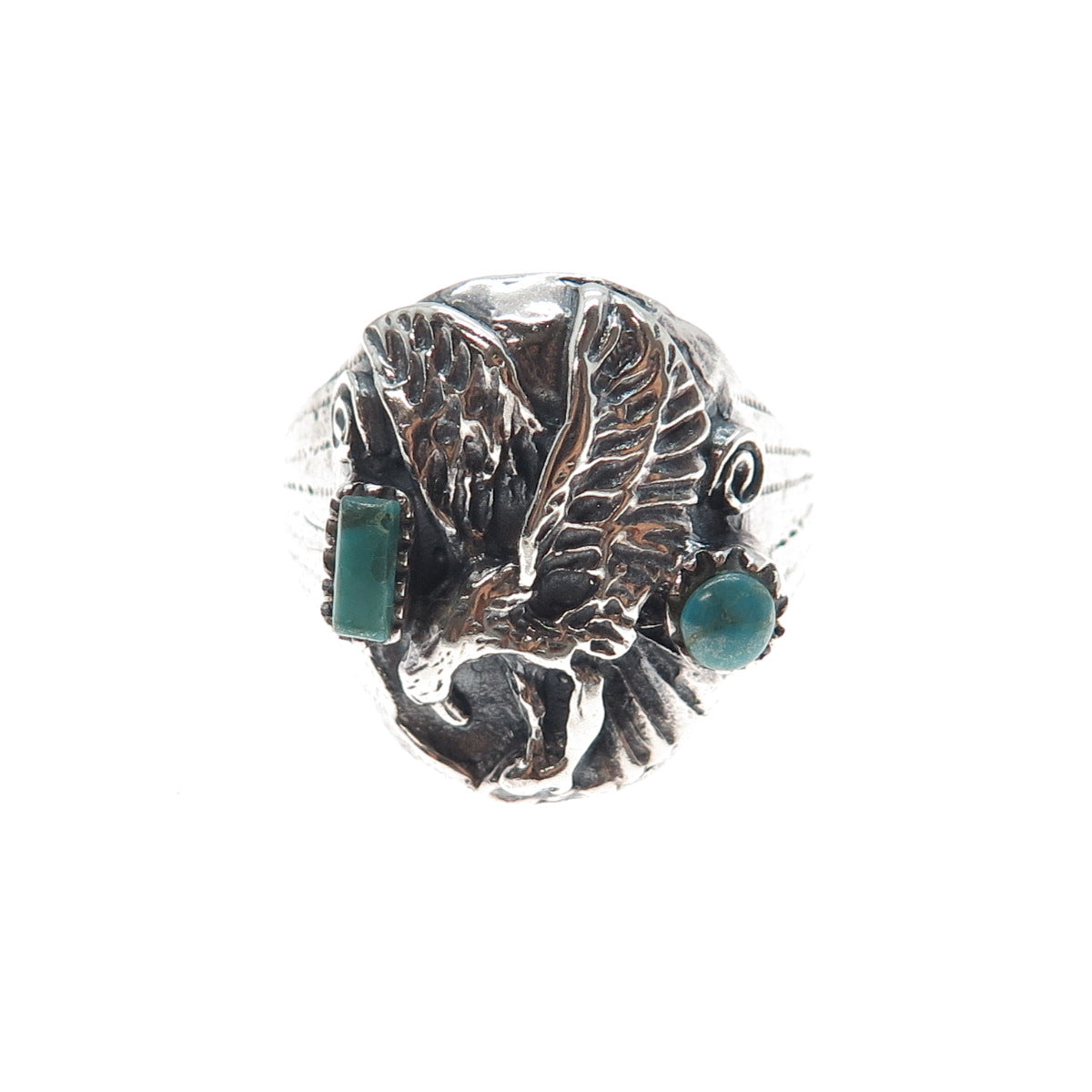 Old Pawn 925 Sterling Silver Vintage Turquoise Snake Eye Eagle Ring Size 14.25