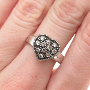 925 Sterling Silver Vintage Round-Cut C Z Heart Oxidized Ring Size 7