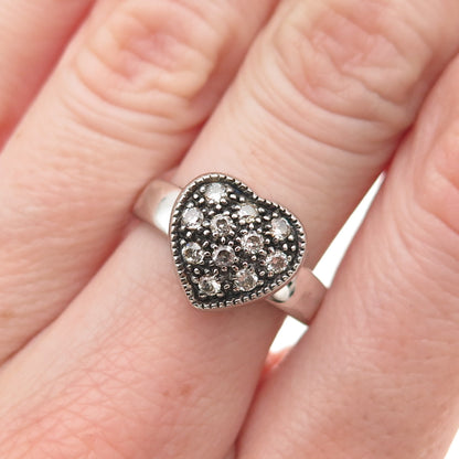 925 Sterling Silver Vintage Round-Cut C Z Heart Oxidized Ring Size 7