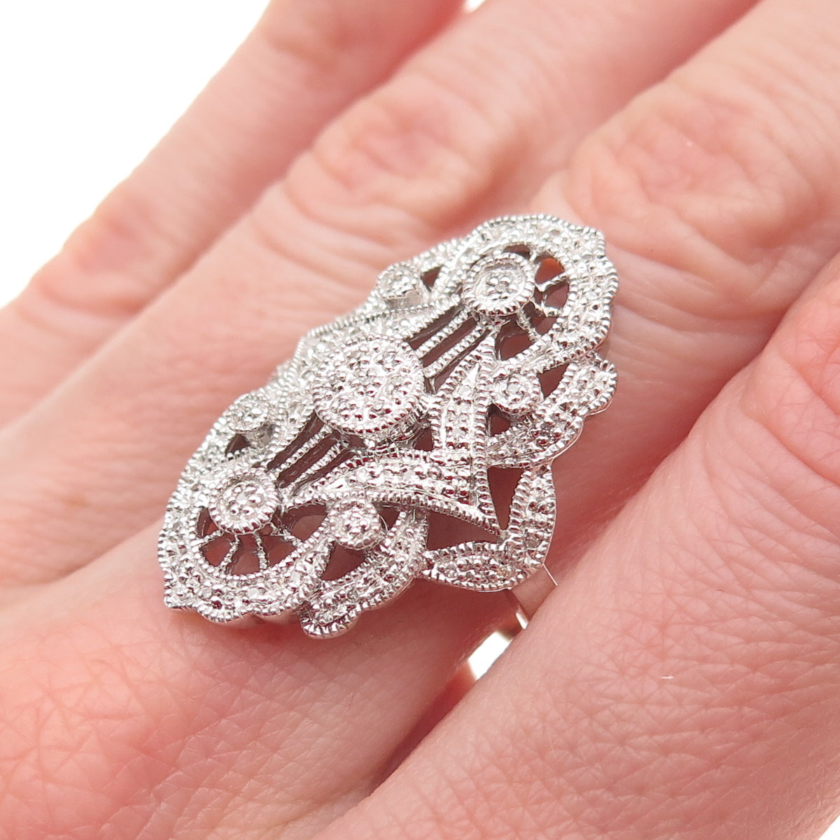 925 Sterling Silver Real Round-Cut Diamond Bohemian Ring Size 8