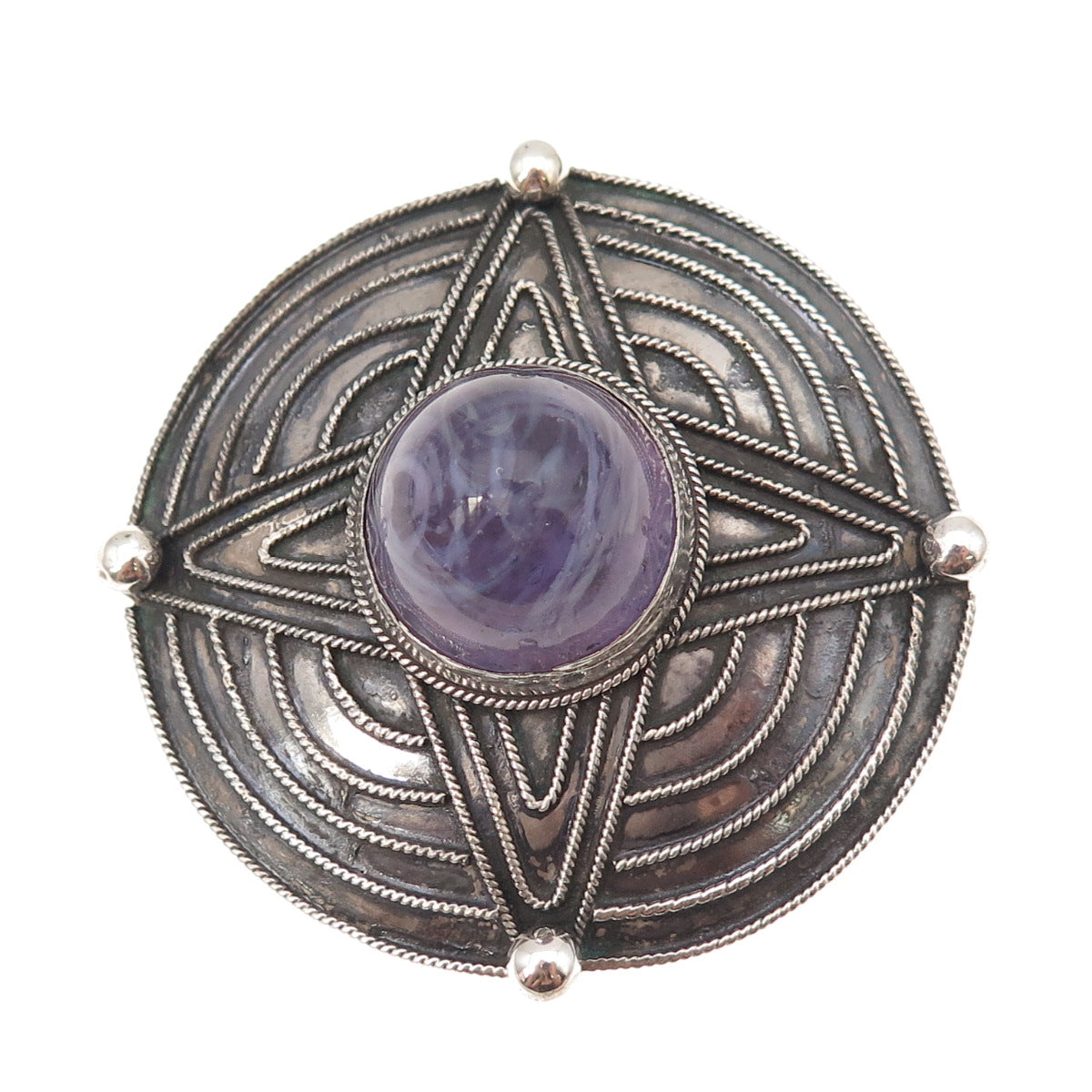800 Silver Vintage Greece Murano Glass Star Oxidized Pin Brooch / Pendant