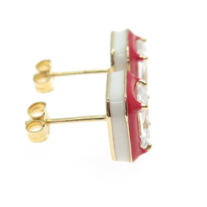 925 Sterling Silver Gold Plated Radiant-Cut Shaped C Z Red Enamel Stud Earrings