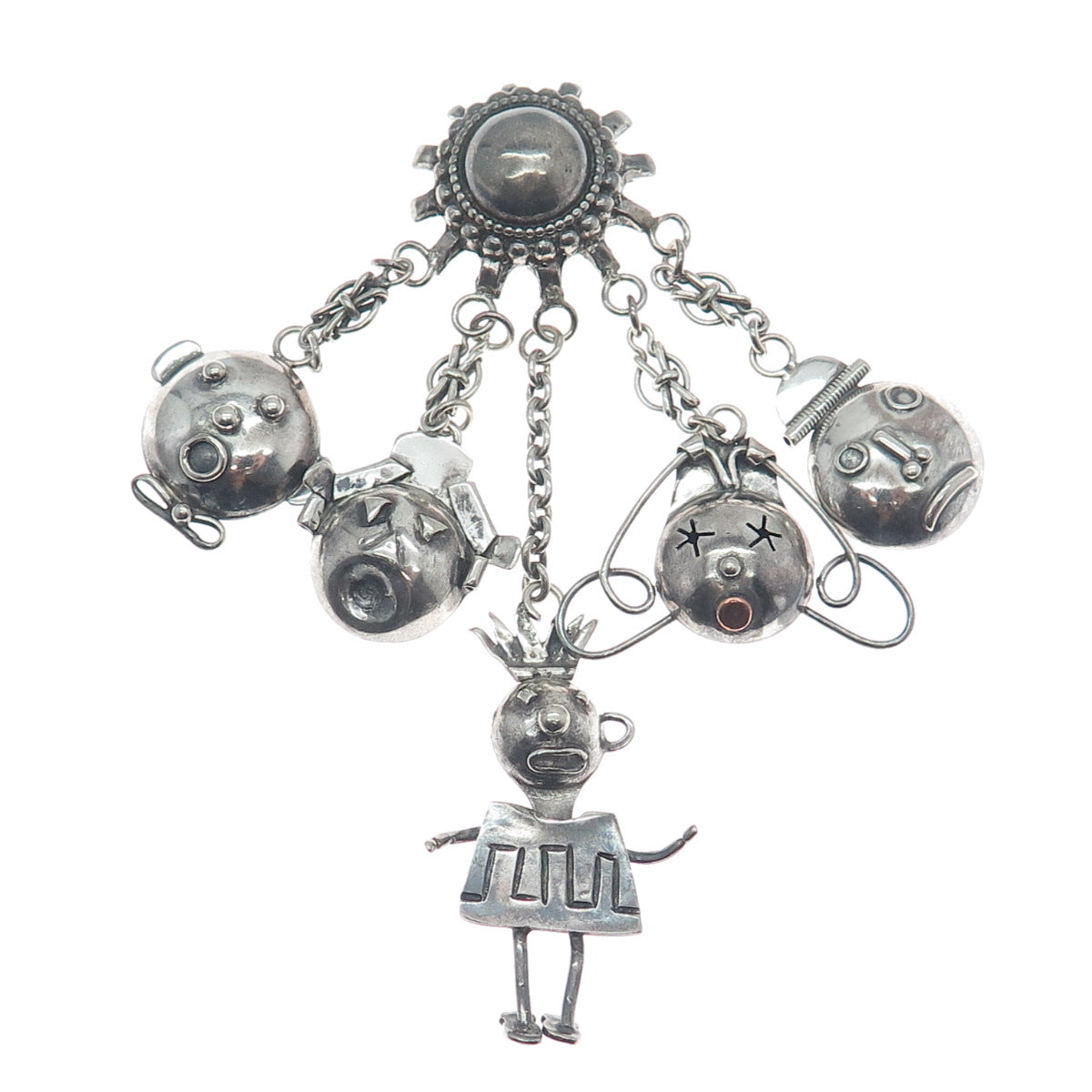 ROBYN'S 925 Sterling Vintage Children Modernist Chatelaine Oxidized Pin Brooch