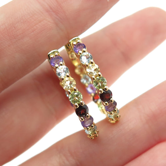 HAN 925 Sterling Silver Gold Plated Real Multi-Color Gem In & Out Hoop Earrings