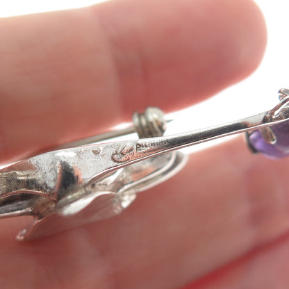 925 Sterling Silver Vintage Real Amethyst Modernist Stork Bird Pin Brooch