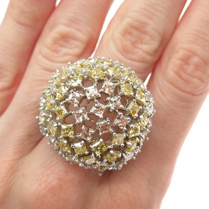925 Sterling Silver Princess-Cut Champagne & Canary C Z Dome Ring Size 8