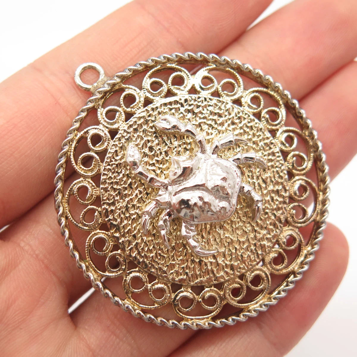925 Sterling Silver 2-Tone Vintage Textured Cancer Zodiac Sign Round Pendant