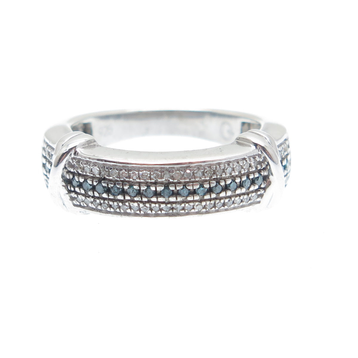 925 Sterling Silver Real Round-Cut Blue & White Diamond X Shape Ring Size 5