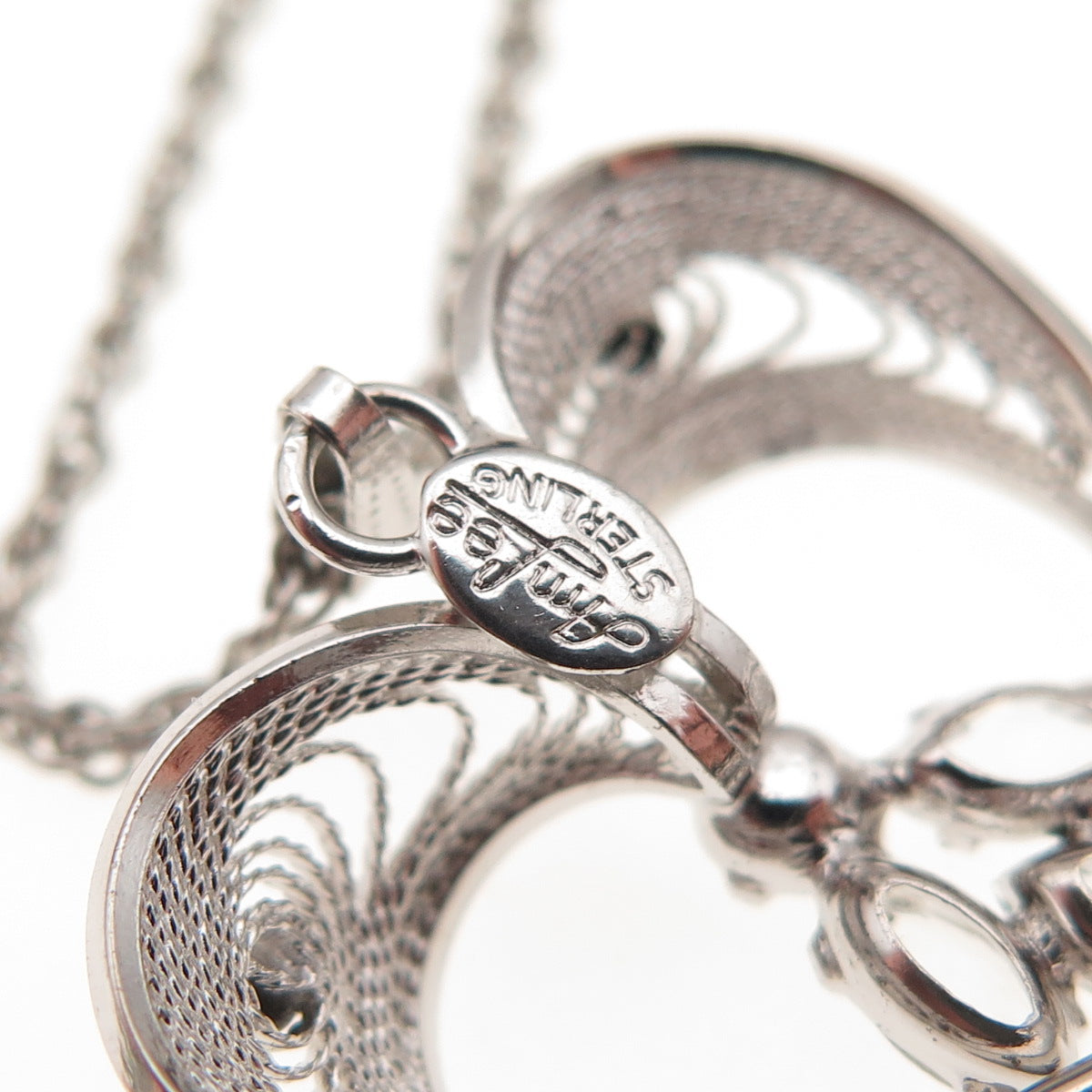 AmLee Sterling Silver Antique Art Deco Rhinestone Heart Filigree Necklace 16"