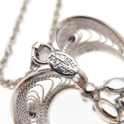 AmLee Sterling Silver Antique Art Deco Rhinestone Heart Filigree Necklace 16"