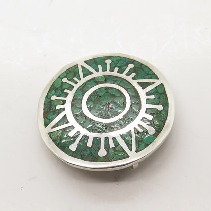925 Sterling Silver Vintage Mexico Real Azurite Inlay Tribal Sun Brooch Pendant