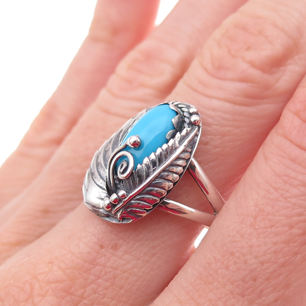 Old Pawn Sterling Silver Vintage Sleeping Beauty Turquoise Feather Ring Size 8.5