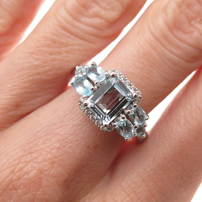 925 Sterling Silver Real Aquamarine Blue & White Topaz Ring Size 7.75