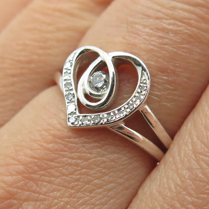 925 Sterling Silver Real Round-Cut Diamond Heart Ring Size 7