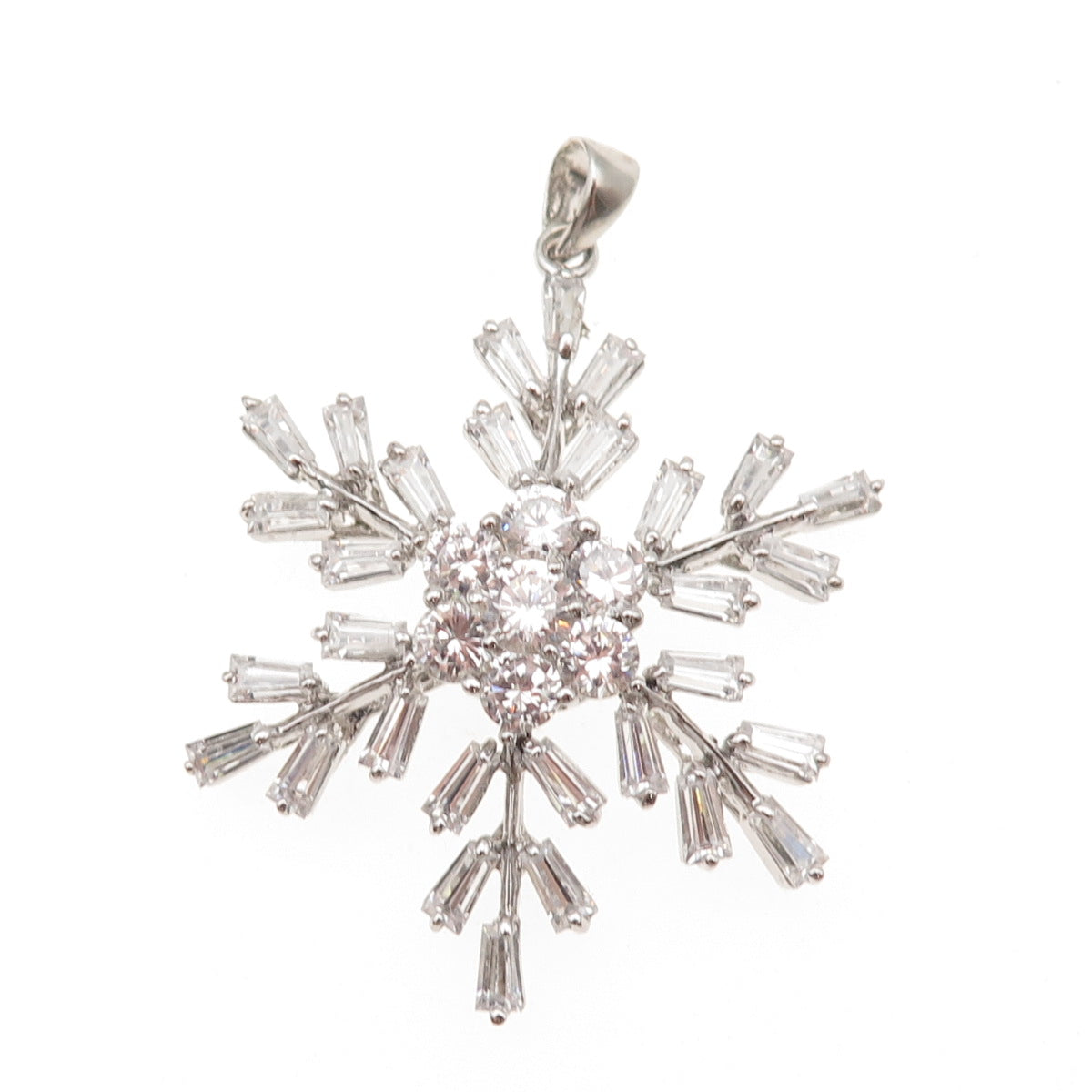 925 Sterling Silver Round & Tapered Baguette-Cut C Z Snowflake Charm Pendant