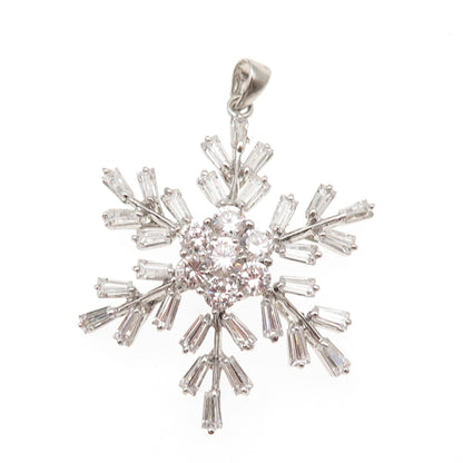 925 Sterling Silver Round & Tapered Baguette-Cut C Z Snowflake Charm Pendant