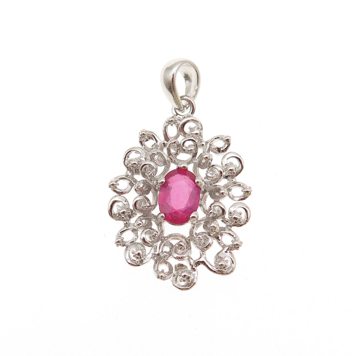 925 Sterling Silver Real Oval-Cut Ruby Floral Charm Pendant