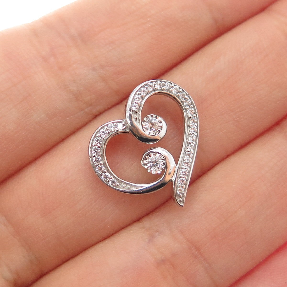 925 Sterling Silver Round-Cut C Z Heart Minimalist Slide Charm Pendant